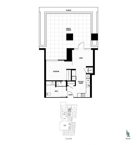 Floor plan for 1 bed, 1 bath, 523 sqft